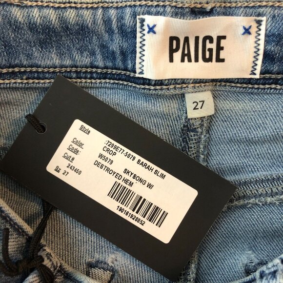 Paige Sarah Slim Crop Jeans High Rise Skysong Wash Destroyed Hem Denim 27 - Picture 4 of 5